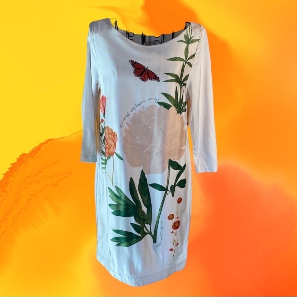 H&M Wool Blend Floral Butterfly Boho Mini Dress 3/4 Length Sleeve Cream Size 6 - Picture 1 of 16